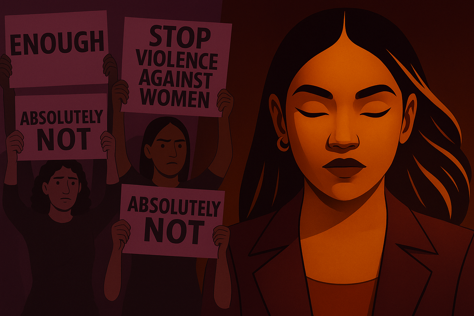 Protestors holding signs against violence, with woman in focus