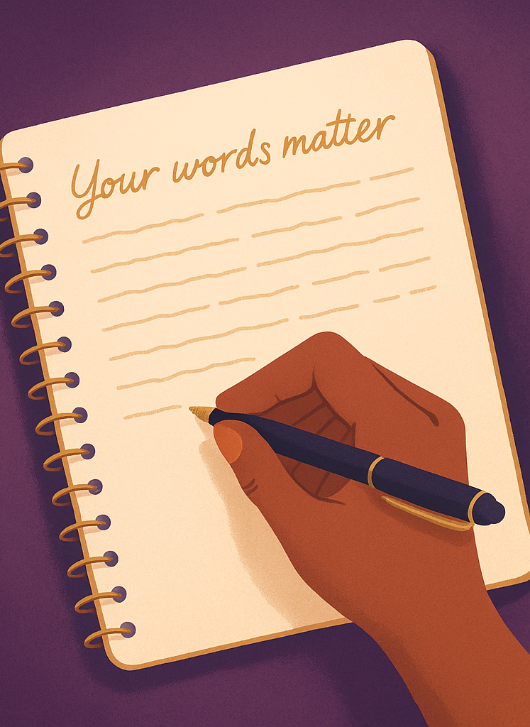 Illustration of a hand writing in a notebook with the words 'Your words matter' on a purple background.